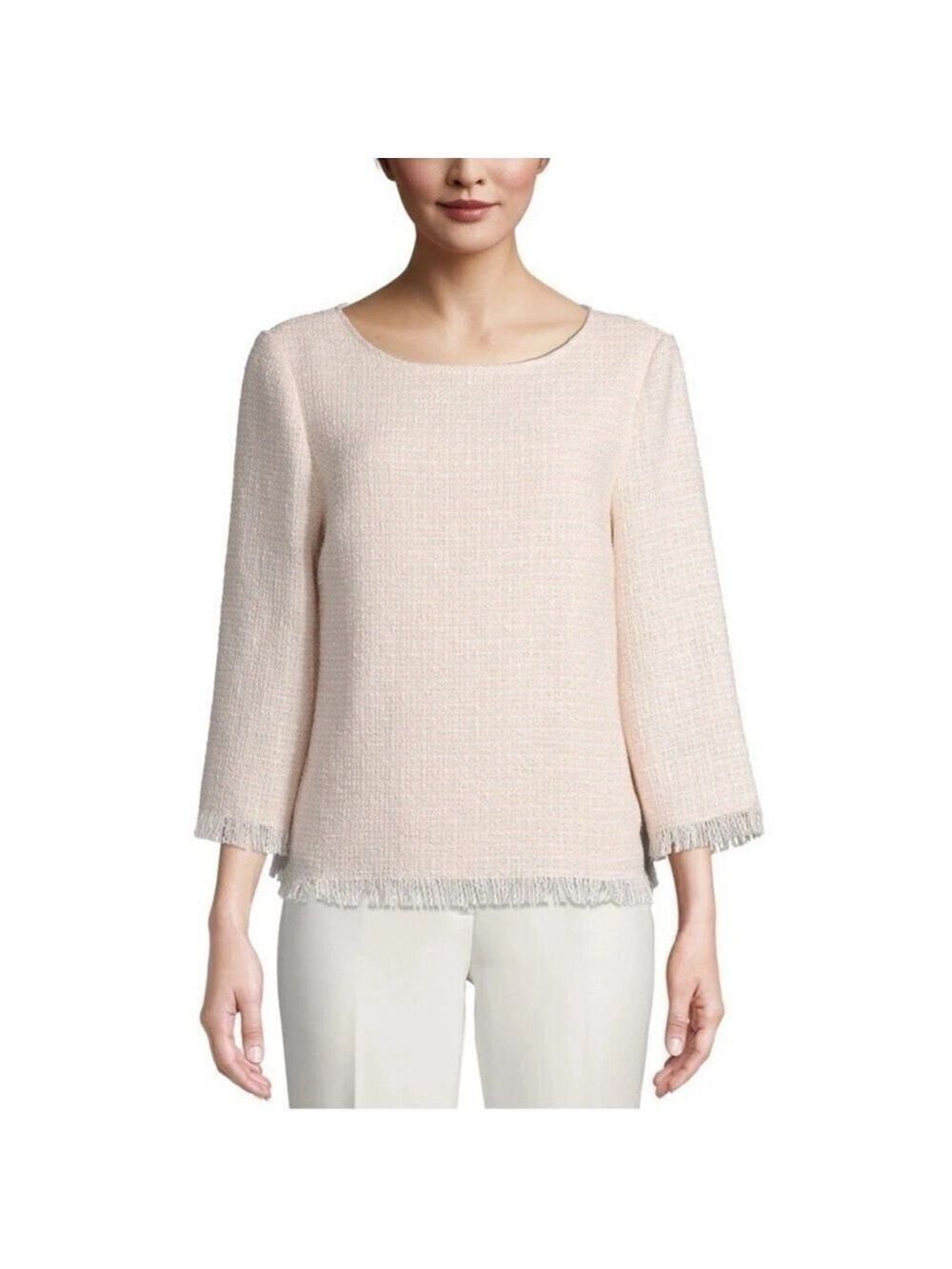 Anne Klein Pink Tweed Boucle Fringe Trim Pullover Top Large Old Money Career